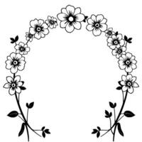 A symmetrical black and white illustration of a floral archway, featuring stylized flowers and leaves, creating a delicate, elegant frame. vector