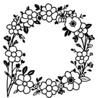 Intricate black and white floral wreath , featuring various flower types and leaves arranged in a circular pattern, perfect for decorative purposes. vector