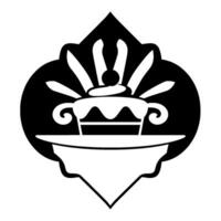 Elegant black and white of a cake topped with a cherry and stylized decoration, within a decorative frame. vector