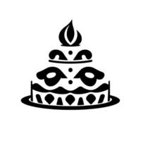 Ornate, minimalist black and white birthday cake illustration with stylized flame element, symmetrical , and abstract patterns on white background. vector