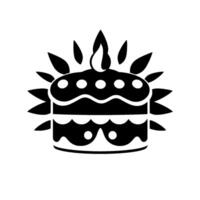 A bold, black and white illustration of a birthday cake, with a lit candle, surrounded by stylized radiating leaflike elements, on a stark white background. vector