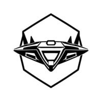 Bold, futuristic spacecraft inside a hexagonal frame, a sleek, black and white minimalist emblem signifying advanced technology and innovation. vector