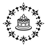 Black and White Circular Floral Frame with Decorative Cake on a Plate, Isolated on White Background vector