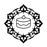 Black and white illustration of a cake with a candle, surrounded by ornamental floral mandala , flat and minimalist style. vector