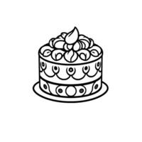 Black and white illustrative line art of a layered cake with decorative icing and a leaf, presented on a plate, isolated. vector