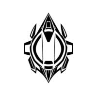 Geometric black and white digital art of a stylized, symmetrical emblem with sharp angles, resembling a futuristic mask or gear. vector