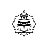illustration of a tiered cake with a lit candle centered within an ornamental frame, displayed in stark black and white. vector