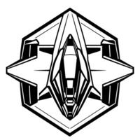 Isometric, symmetrical, minimalist, black and white illustration of a fighter jet within a hexagonal frame, showcasing its geometric form and hightech . vector