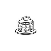A whimsical, outlined drawing of a singlelayer cake with decorative swirls and floral topping, presented on a simple plate against a stark white background. vector