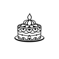Black and white ornate celebration cake with floral and scroll decorations and a stylized flame on top, centered on white background. vector