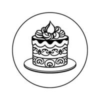 Detailed Black and White Illustration of a Decorated Cake on a Plate within a Circle, Showcasing a Decorative , Ready for Celebration. vector
