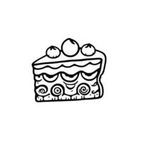 Black and white stylized illustration of a slice of cake decorated with swirly designs and topped with three spherical berries. vector
