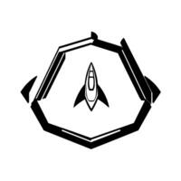Minimalist black and white geometric featuring a rocketship enclosed within a stylized pentagonal frame, embodying innovation. vector