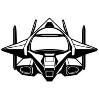 Topdown stark black and white illustration of a futuristic aircraft with sleek lines, angular , cockpit, and engines. vector
