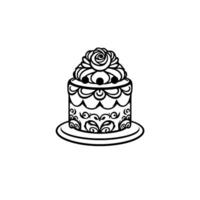 A detailed, blackandwhite line art illustration of a tiered cake with floral frosting and decorative scrollwork, set on a plate, against a white background. vector