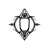 Geometric Black and White Illustration of a Symmetrical, Futuristiclooking Spacecraft or Emblem , centered on a white background. vector