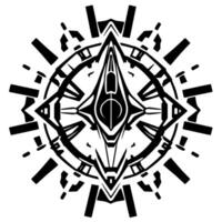 Intricate Black and White Geometric Starburst with a Central, Angular, Futuristic Symbol. vector