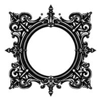 Ornate Black and White BaroqueStyle Circular Frame with Decorative Scrollwork, Arrows, and Finials, Isolated on White. vector