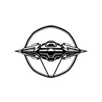 Futuristic black and white illustration of a stylized spaceship inside a circle, with geometric angular details. vector