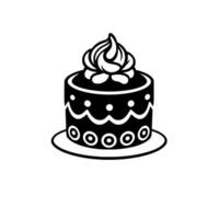 Elegant Black and White Illustration of a Round Cake with Elaborate Frosting and Decorative Elements on a Plate. vector