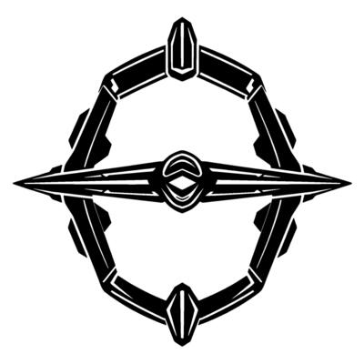 Geometric, symmetrical black and white of a complex, stylized, futuristic space station or emblem with interconnected elements.