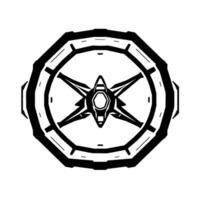 A symmetrical, highcontrast monochrome illustration of a futuristic spaceship or aircraft within a stylized circular frame with an octagonal outer rim, suggesting advanced technology. vector