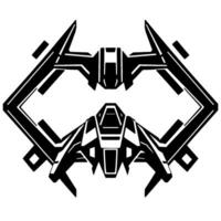 Black and white symmetrical illustration of two stylized spacecraft arranged in a diamond formation on a white background, hightech, angular . vector