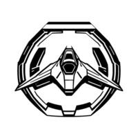 Futuristic Spaceship in a Geometric Hexagon Frame Monochromatic, Detailed Silhouette Art vector