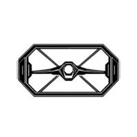 Black and White Geometric Abstract Futuristic Hexagonal Core with Winged Extensions, Enclosed in a Linear Octagonal Frame. vector