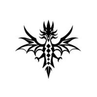 Symmetrical Black Dragon Silhouette Winged Mythical Creature with Sharp Claws and Spiked Crest, TattooStyle on White Background. vector