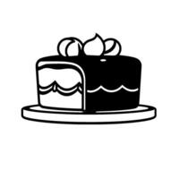 Monochrome Illustration of a Delightful Cake with a Slice Removed, Featuring Cream Topping on a Round Plate vector