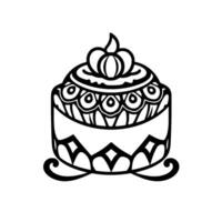 Intricate Black and White Cake Illustration Featuring Decorative Patterns, Topped with a Floral Ornament. vector