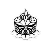 Intricate black and white illustration of a layered cake featuring elaborate floral and swirl patterns, topped with ornamental crownlike and a flame. vector