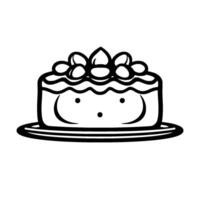 Whimsical, blackandwhite line art illustration of a delicious, layered cake adorned with ovalshaped fruitdecorations and served on a simple plate. vector