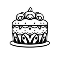 Intricate Black and White Illustration of a Decorated Layer Cake with Rosette Topping and Geometric Pattern. vector
