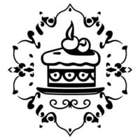 Ornate Black and White Illustration of a Slice of Cake with Cherries, Centered within an Elegant, Decorative Border. vector