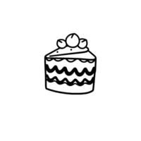 Simple black and white doodle of a layered cake slice topped with three round decorations, against a clean white background. vector