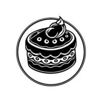 Black and white layered cake illustration inside a circular frame, featuring ornamental details and a stylized cream topping. vector