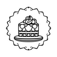 Elegant black and white illustration of a cake slice on a decorative plate, enclosed within a scalloped frame. vector