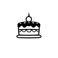 Black and white illustration of a layered cake with a cherry and flame, centered on a white background. vector