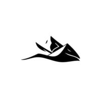 Minimalist Silhouette of a Mountain Range with a Curved River or Lake in Black and White on a Blank Background. vector