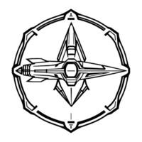Stylized black and white symmetrical illustration of a spaceship within a shieldlike frame, geometric and futuristic . vector