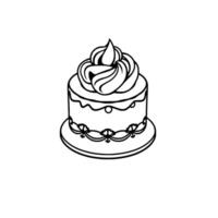 Line art illustration of a small, decorated cake with piped frosting on a serving plate, simple and elegant . vector