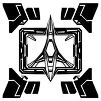 Futuristic abstract monochrome symmetrical composition featuring a central stylized jet fighter within a rectangular frame with stylized geometric shapes in the corners. vector