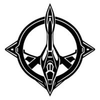 Black and white symmetrical insignia featuring stylized aircraft within a circle and diamondshaped elements, minimalist art style. vector