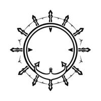 Black and white nauticalthemed circular with an anchor, arrows, and a compass rose , ideal for maritime logos or emblem applications. vector