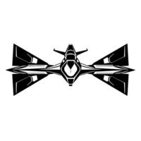 Topdown, symmetric, stylized, black and white illustration of a futuristic spaceship with expansive, angular wings and intricate detailing on a clean white background. vector