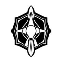 Symmetrical black and white geometric resembling a stylized compass rose within an ornate shield shape. vector