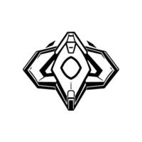 Geometric, symmetrical black and white illustration of a futuristic, stylized, spaceshiplike emblem or insignia, featuring sharp angles and a central oval. vector