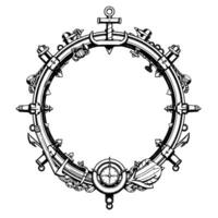 Intricate, Circular Nautical Emblem with Anchors, Compass, and Ship Elements in Detailed Ink Illustration, with Negative Space vector